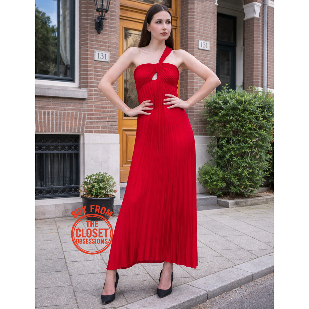 MANGO Red Pleated Front Knot Maxi Dress NWT Wedding Guest Formal - Picture 8 of 16